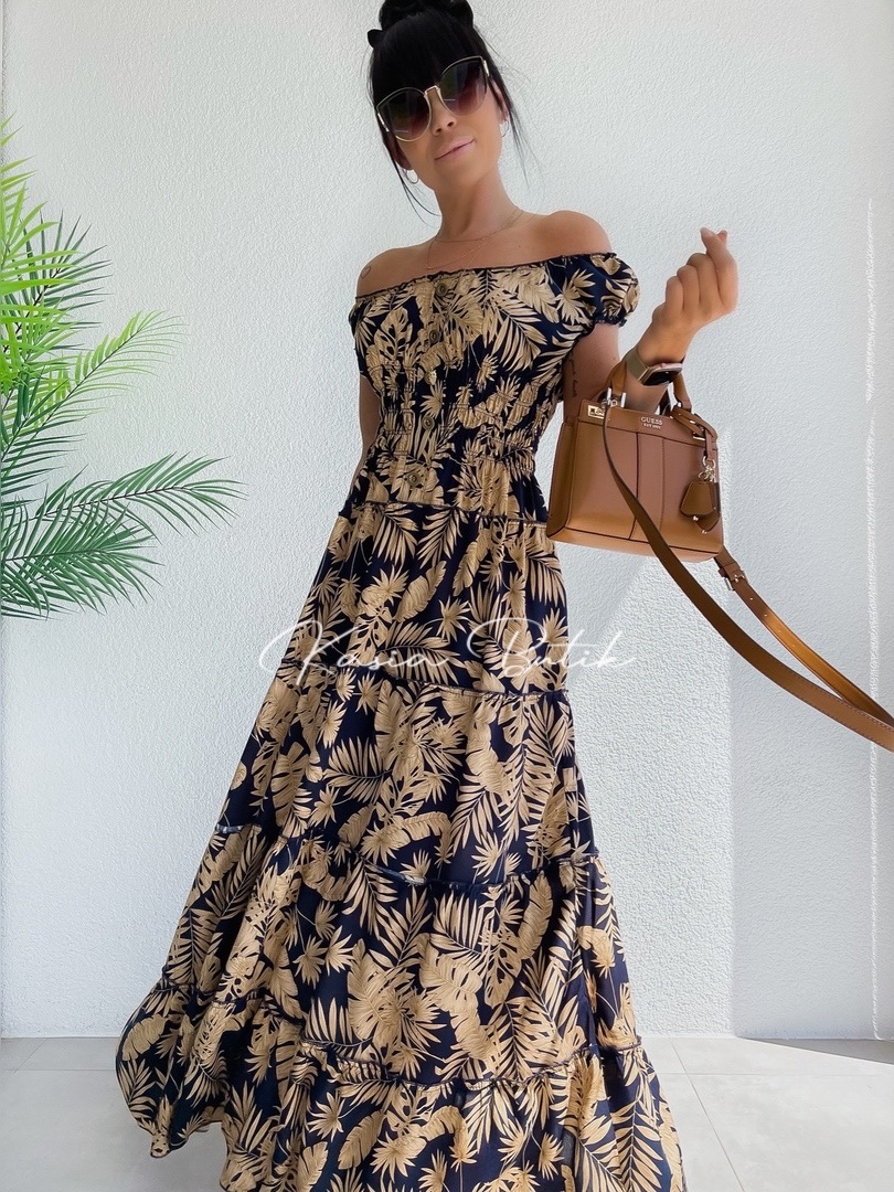 Sukienka Hiszpanka Maxi Ellena Viscose Leaves Beżowo-Granatowa - polecana również dla kobiet w ciąży - produkt włoski zdjęcie 1