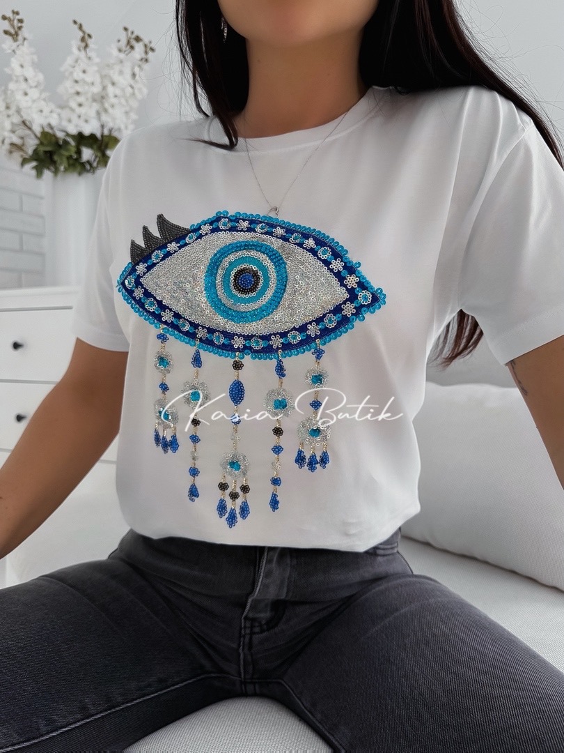 T-shirt Blue Eye Biała- polecany również dla kobiet w ciąży zdjęcie 1
