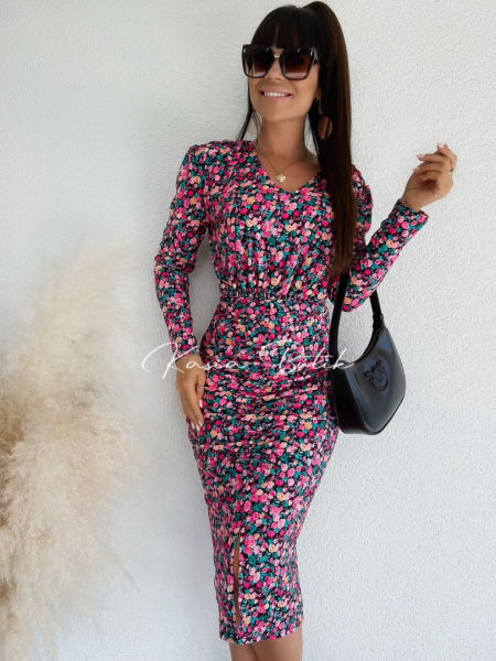 Sukienka Midi Trinnity Flowers Różowo-Szmaragdowa - polecana również dla kobiet w ciąży - produkt włoski zdjęcie 4