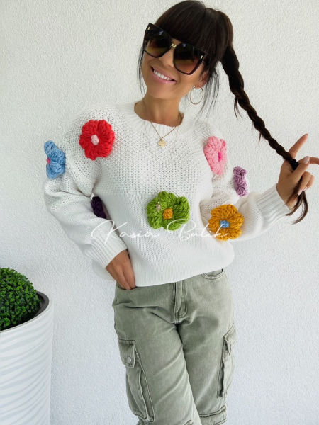 Sweterek Daisy Kwiatki 3D Biały -polecany również dla kobiet w ciąży - produkt francuski zdjęcie 1