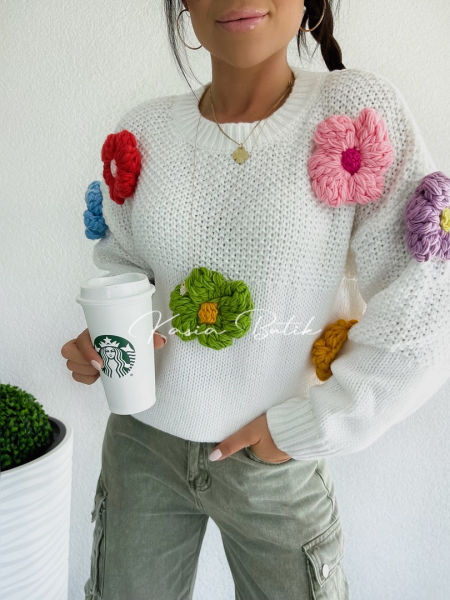 Sweterek Daisy Kwiatki 3D Biały -polecany również dla kobiet w ciąży - produkt francuski zdjęcie 2